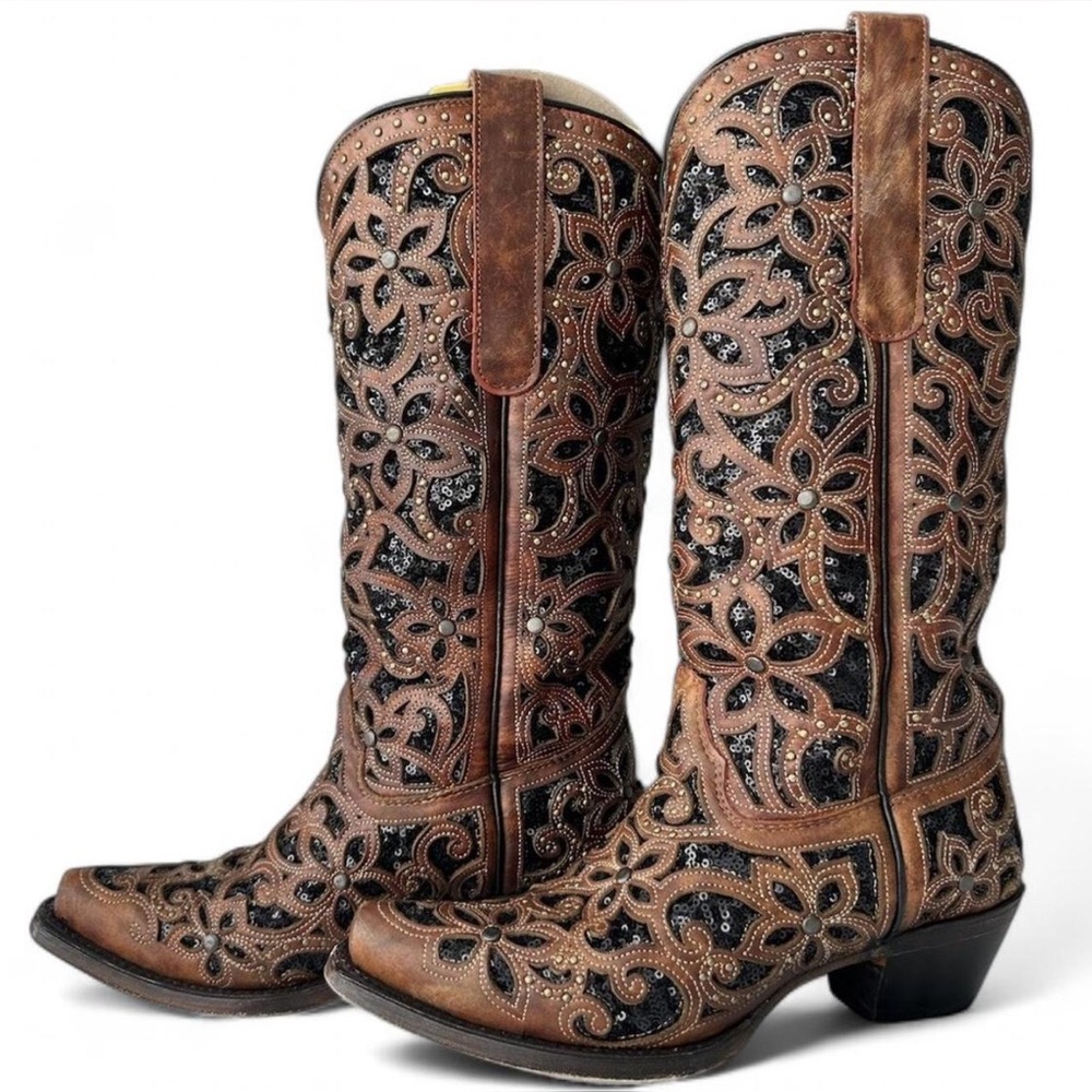 CORRAL Black Inlay + Studs Leather Western Boots- Size 8.5